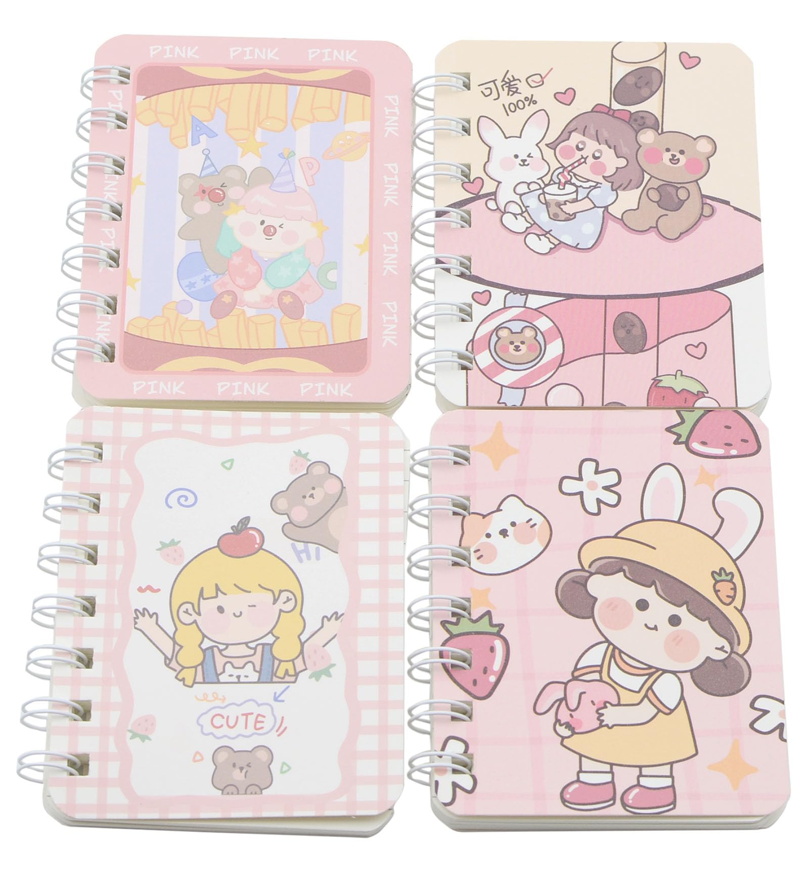 YIKANGHENG Cute Small Spiral Notebook, 4 Pcs 4 Inch x 3 Inch 4 Style Design Soft Paper Cover 8 mm Ruled Pages 80 Sheets(160 Pages) Journals for Study and Notes (Pink)