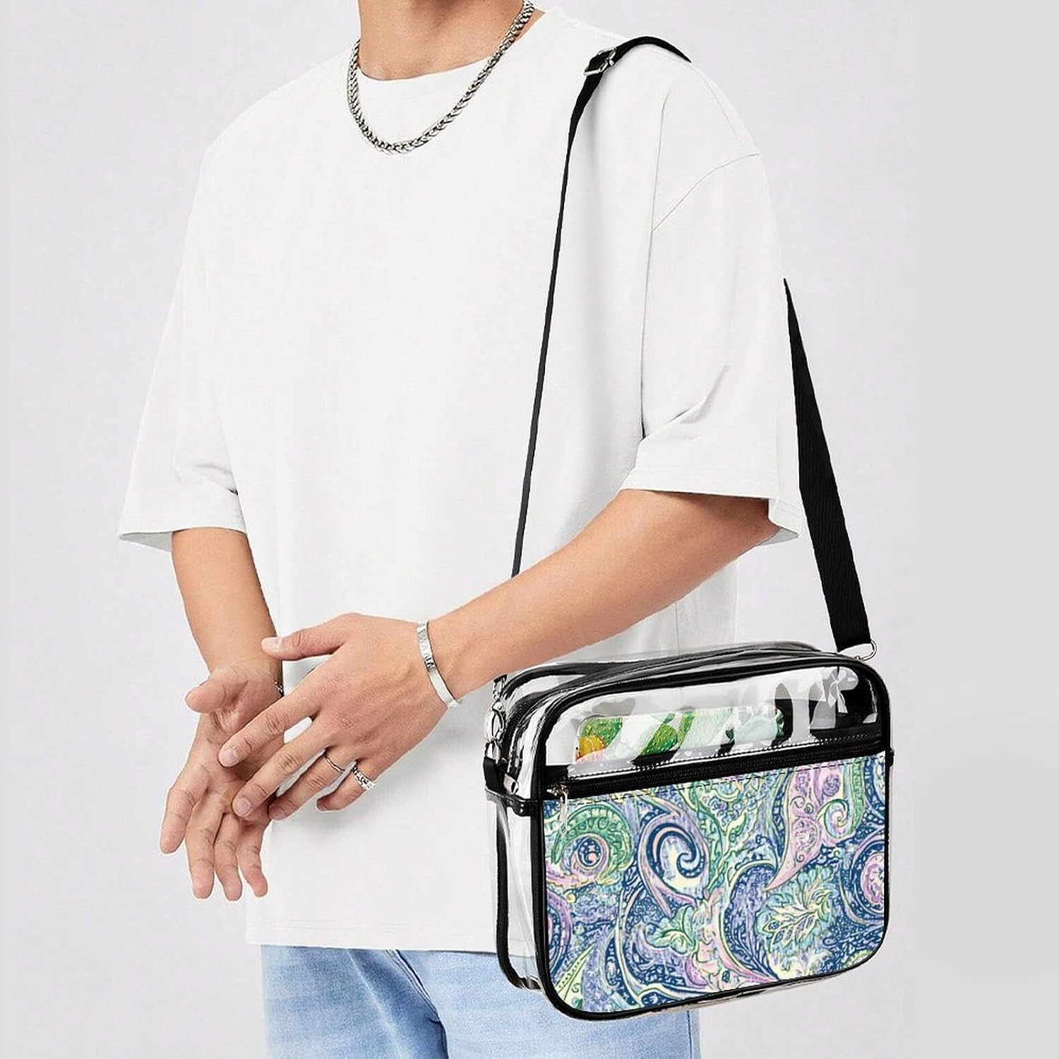 Tradition Paisley Pattern Clear Tote Bag Transparent Stadium Approved | crossbody,10*3.1*8.7",zippered closure,with adjustable strap