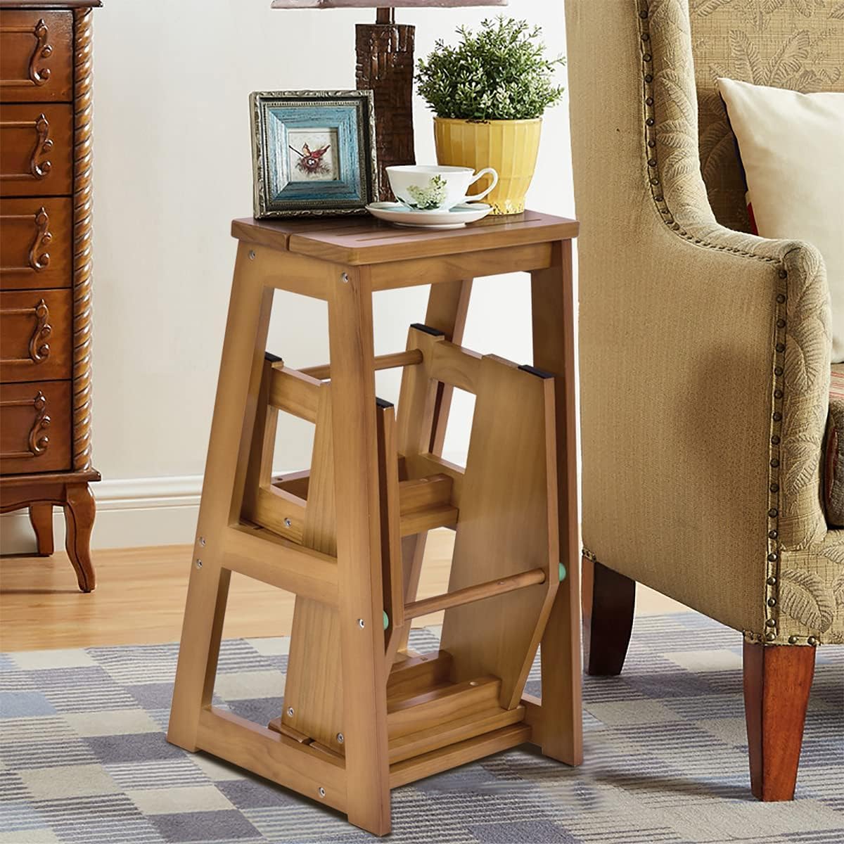 RELAX4LIFE 2 en 1 Taburete Plegable de 3 Peldaños de Madera de Pino, Taburete Escalera Multifuncional con 6 Almohadillas Antideslizantes para Cocina, Dormitorio y Tienda, 38,5x57x66cm (Marrón Claro)