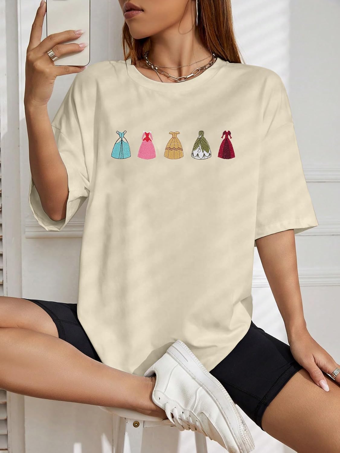 Magical Shirt for Women Embroidered Princess Dress Graphic Oversized T Shirt Women Family Holiday Vacation Tee Tops - Image 5