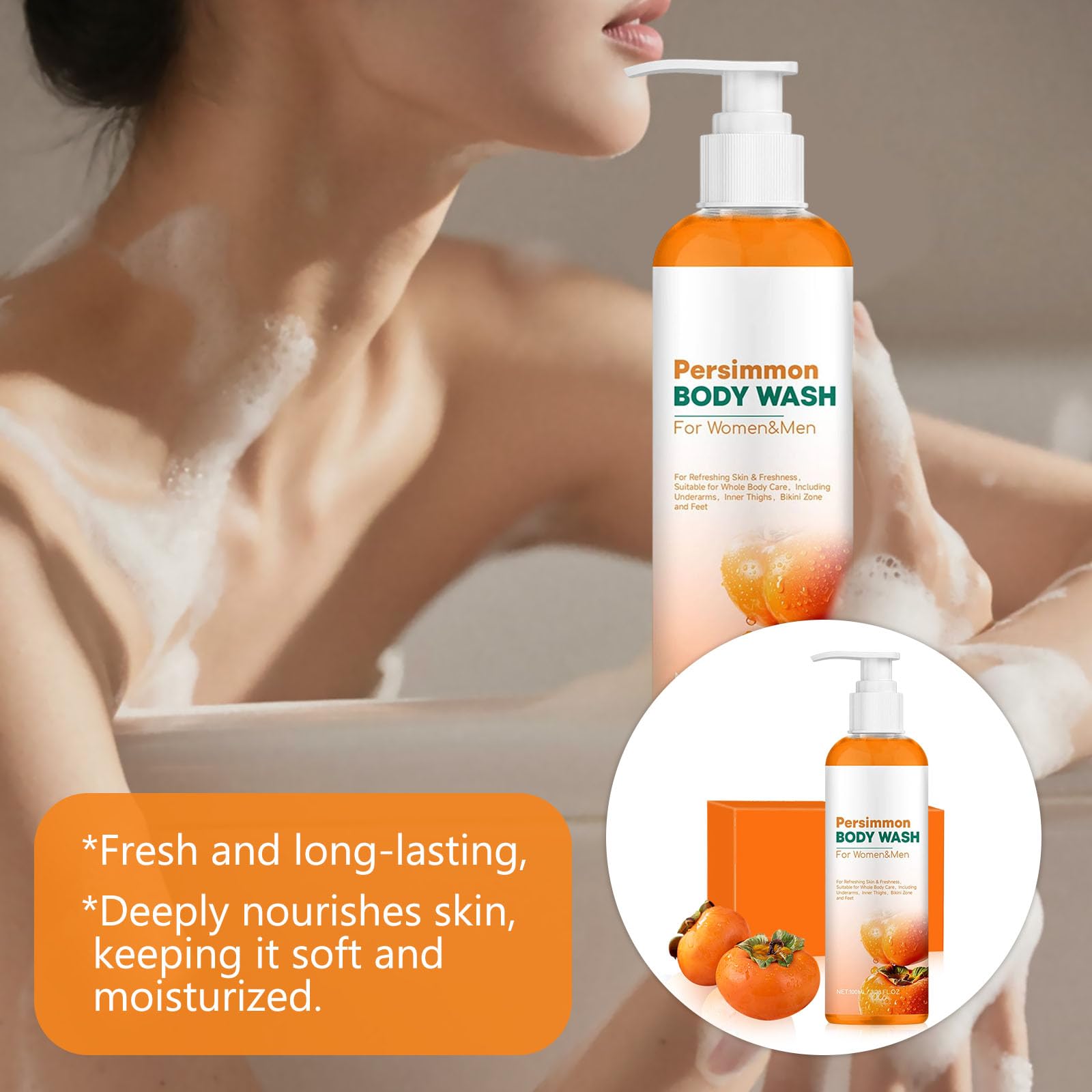 Set di sapone cachi e gel doccia Persimmon da 100 ml con sapone Persimmon, rete in schiuma per viso e corpo, pulizia profonda e idratante, per uomo e donna
