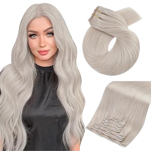 Moresoo Extensiones de cabello humano con clip, de 16 pulgadas, sin costuras, de trama sintética, color rubio blanco, extensiones de cabello humano