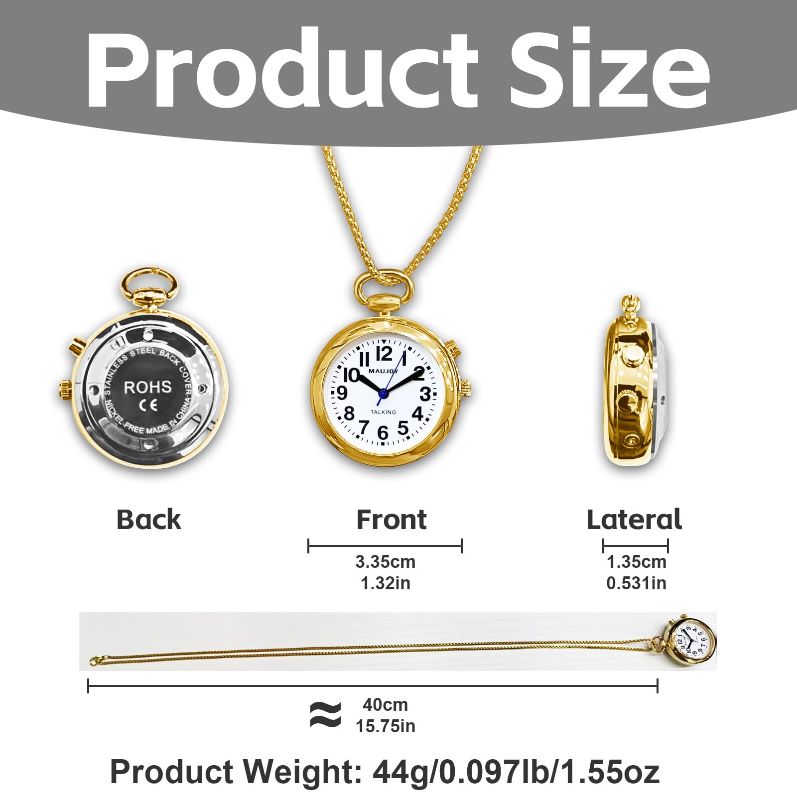 Sprechende Anhängeruhr mit großem Analog-Anzeige und kräftigen Zahlen, Anzeige von Uhrzeit, Datum und Tag oder Weckzeit, perfekt für Blinde, ältere Menschen oder Sehbehinderte, gold