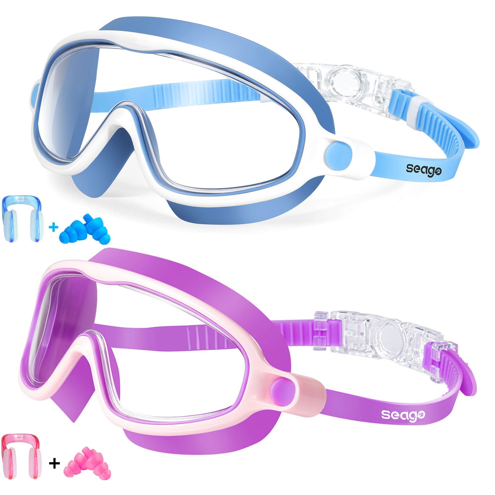 Seago Kids Goggles for Swimming 2 Pack Anti-Fog Outer Eye Fit with Wide View No Leaking UV Protection Crystal Clear Watertight Swim Goggles with nose cover Suitable for Youth Boys Girls Age 3 to 14