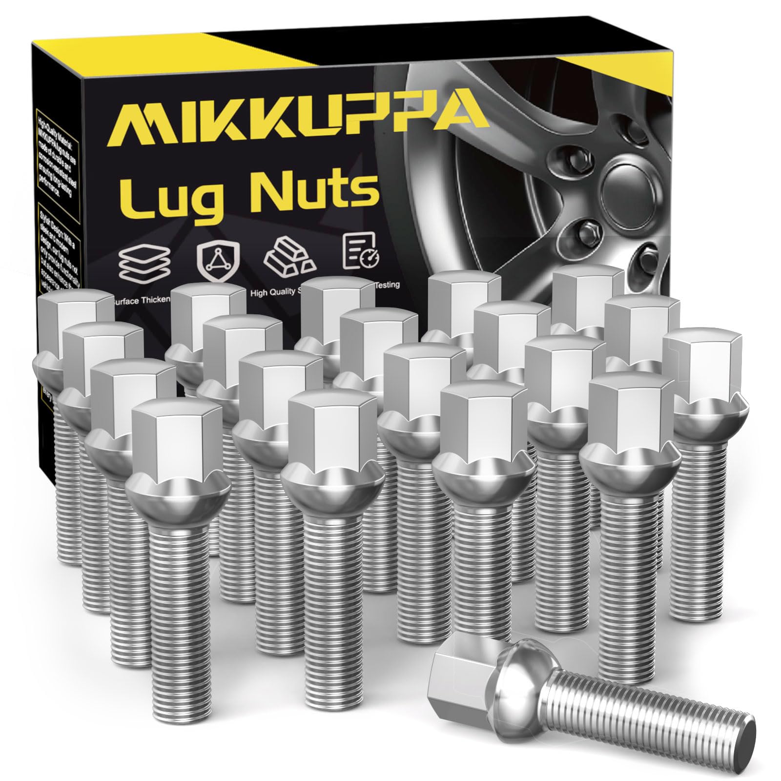 MIKKUPPA di 20 bulloni per ruote, M14 x 1,5, lunghezza del fusto: 45 mm, SW17 | Fascetta a sfera R13, argento cromato