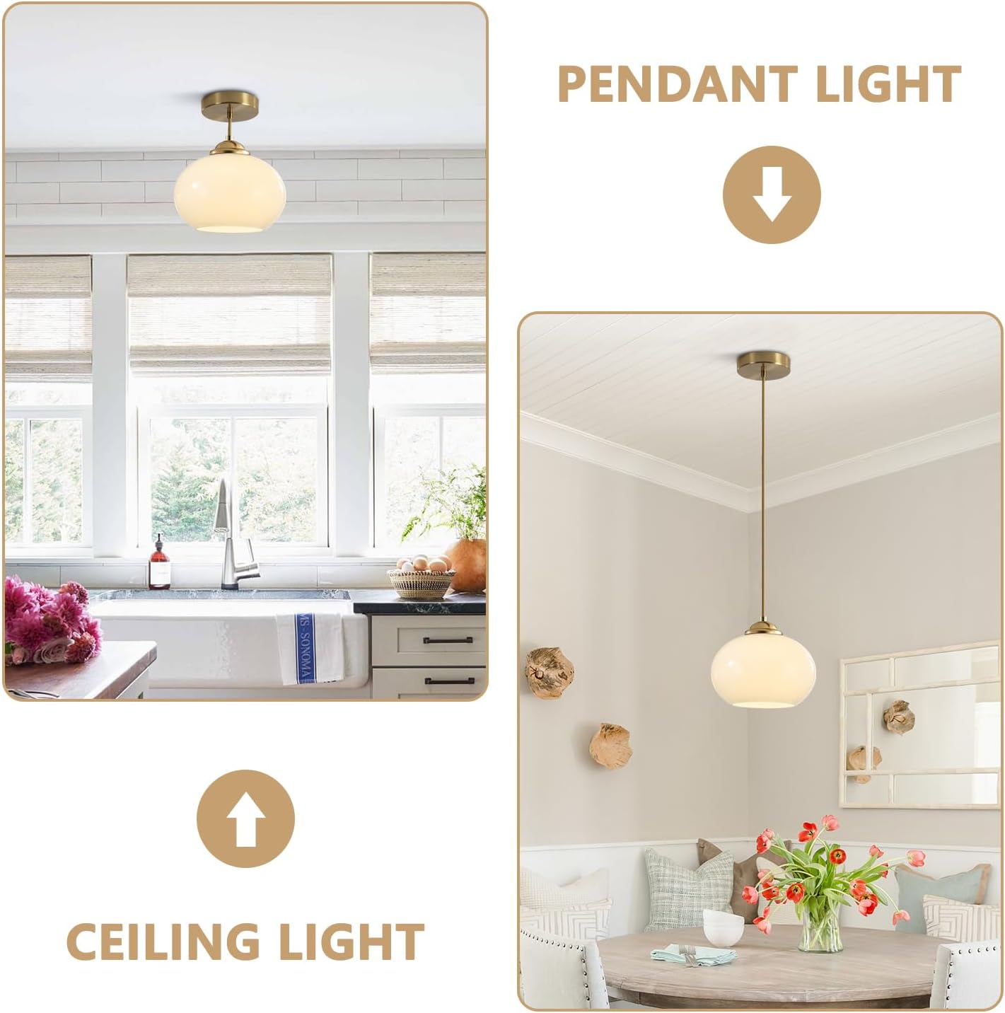 KCO Lighting 1-Light Globe Pendant Light Mid Century Modern Pendant Lighting White Glass Hanging Light Fixture Brushed Brass Chandelier Adjustable Light for Dining Room Living Room Bedroom Kitchen