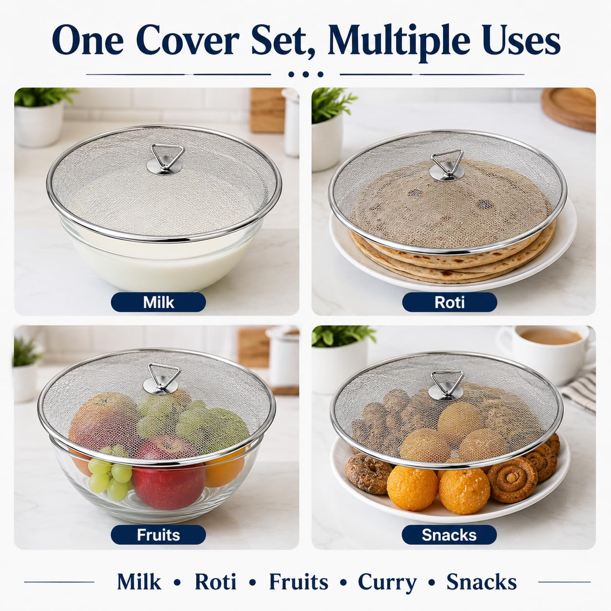 Garden Of Arts Stainless Steel Food Cover/Milk Cover Jali/Steel Jali Multipurpose Net Lid Set of 4, Mesh Food Covers for Milk, Roti, Curry, Fruits & Food Items, Sizes 15/18/21/23 cm, Silver 4