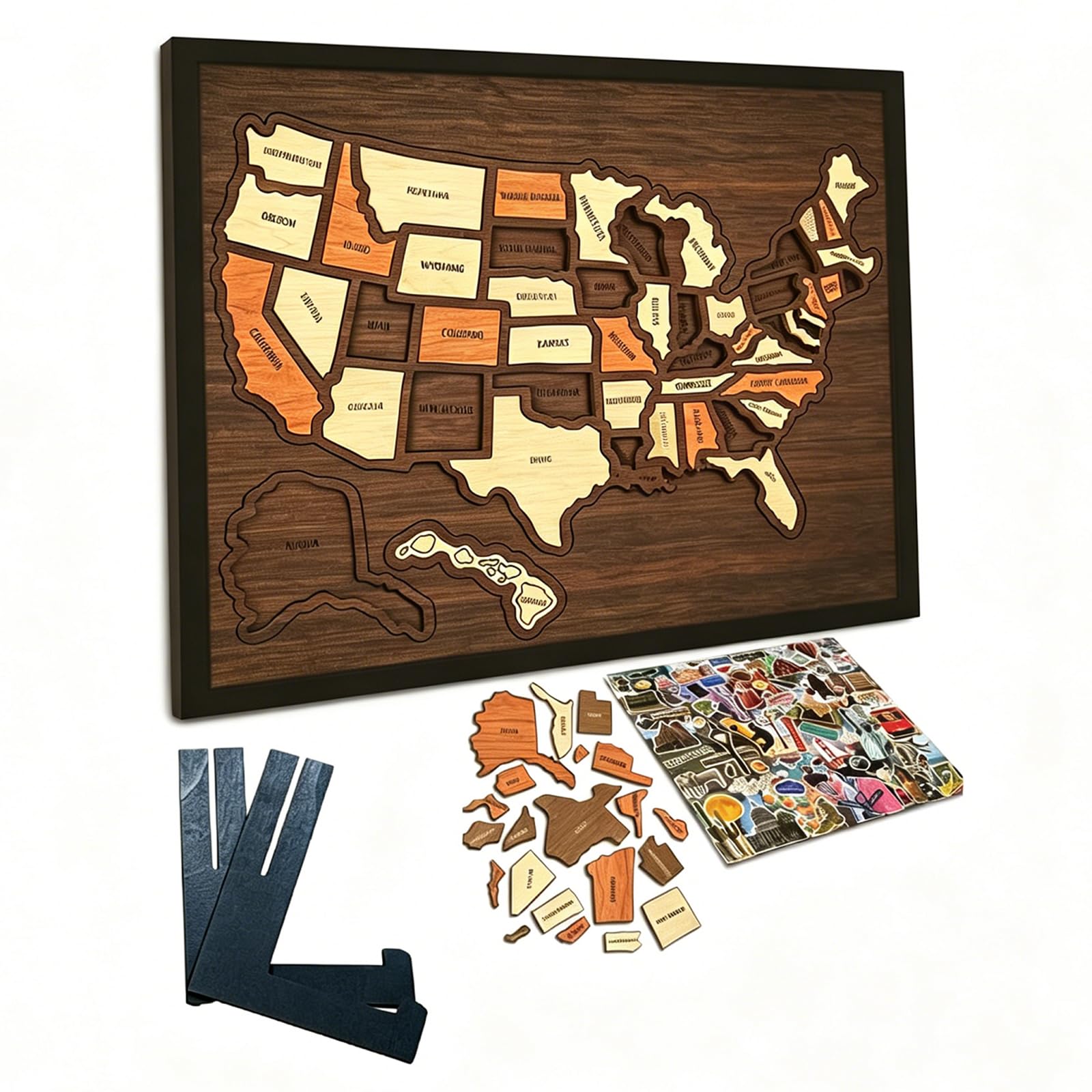 Wooden USA Travel Map Puzzle, Interactive State-by-State Journey Tracker Maps Pin Board for Traveling, Multi-Purpose Landmarks Cork Travel Map for Couple Family Home Decor