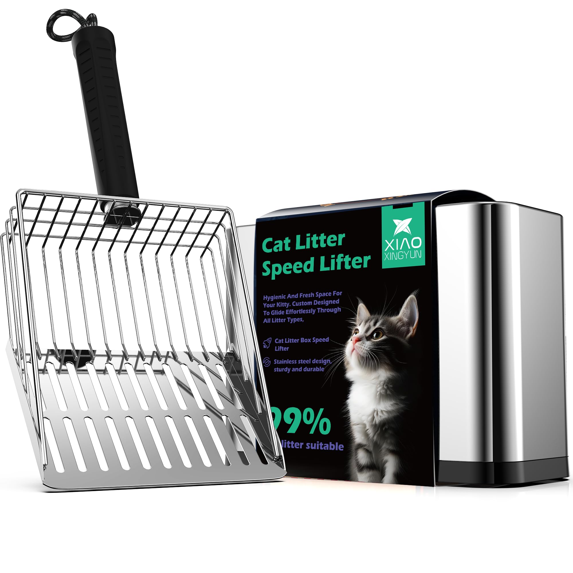 XIAOXINGYUN Stainless Steel Cat Litter Scoop, Metal Cat Litter Scooper with Holder, Heavy-Duty Cat Scooper with Coarse and Fine Grids for Quick Screening and Easy Cleaning