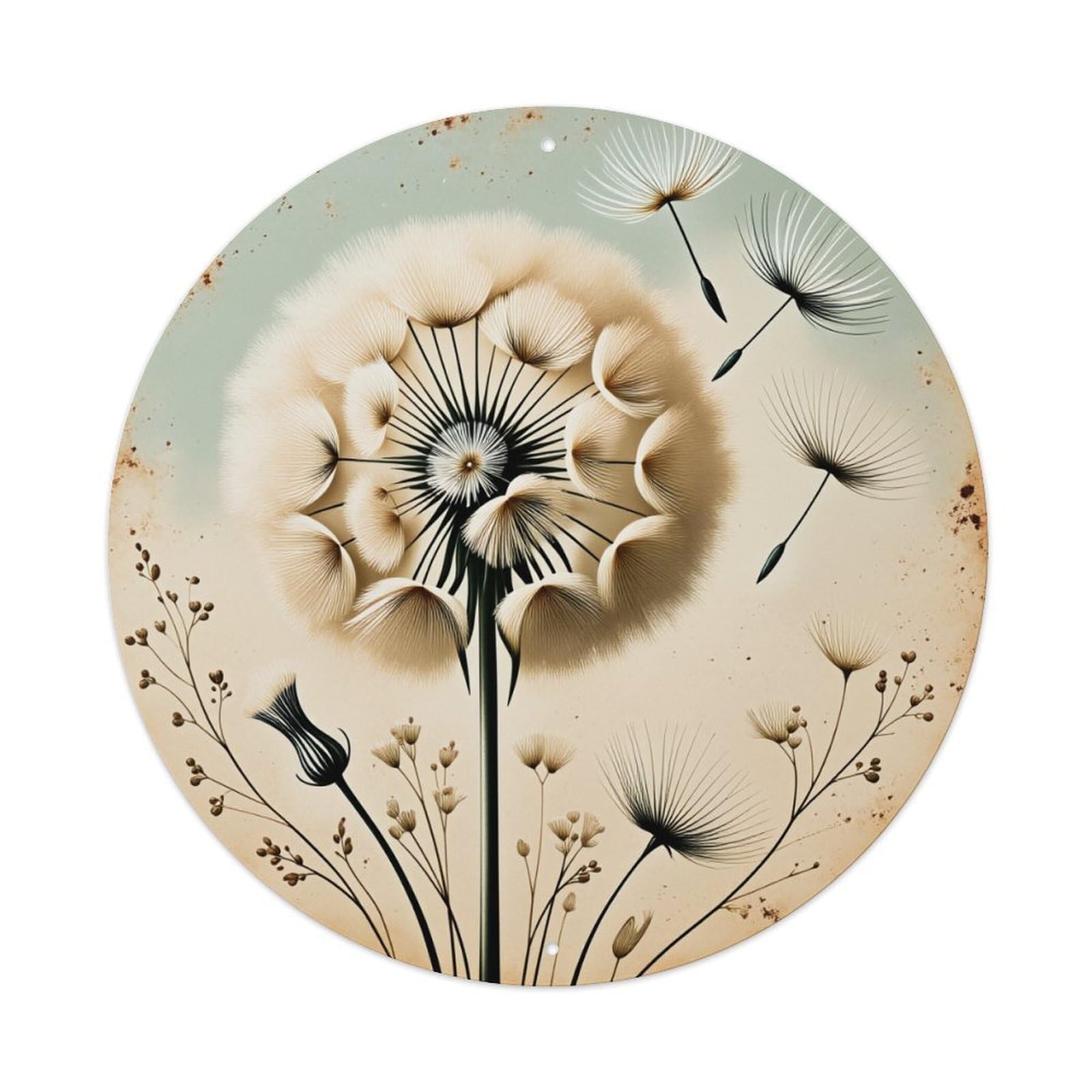 Dandelion Seeds Floating Wind Art Round Tin Sign Vintage Metal Poster, Home Bar Garage Man Cave Cafe Indoor & Outdoor Wall Decoration 8x8Inches