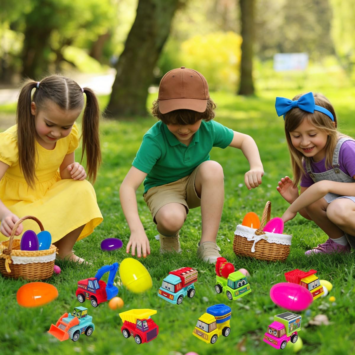 JoFAN 8 Pack Prefilled Plastic Easter Eggs with Pull Back Engineering Cars Toys Inside for Kids Boys Girls Toddlers Easter Basket Stuffers Gifts Party Favors