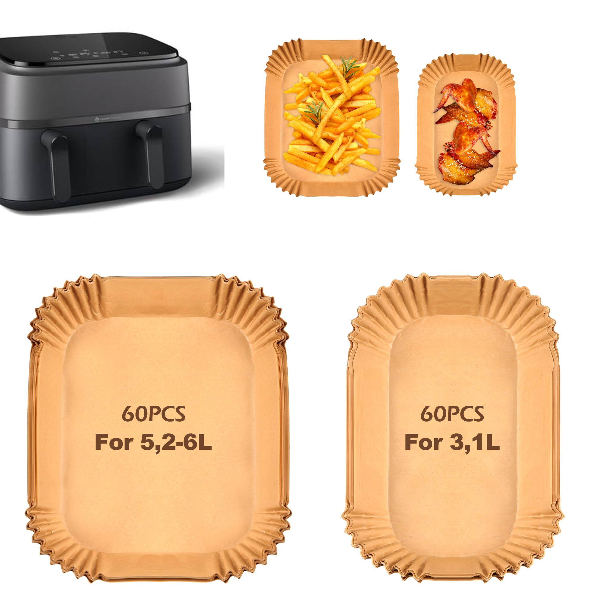 120 piezas de papel de horno Airfryer para Philips Airfryer Dual Basket 3000/5000 Series 9L/ Dual Easy Fry & Grill 5,2/3,1 l, accesorios para freidora de aire para Cecotec 5,5/3,5 l, Moulinex