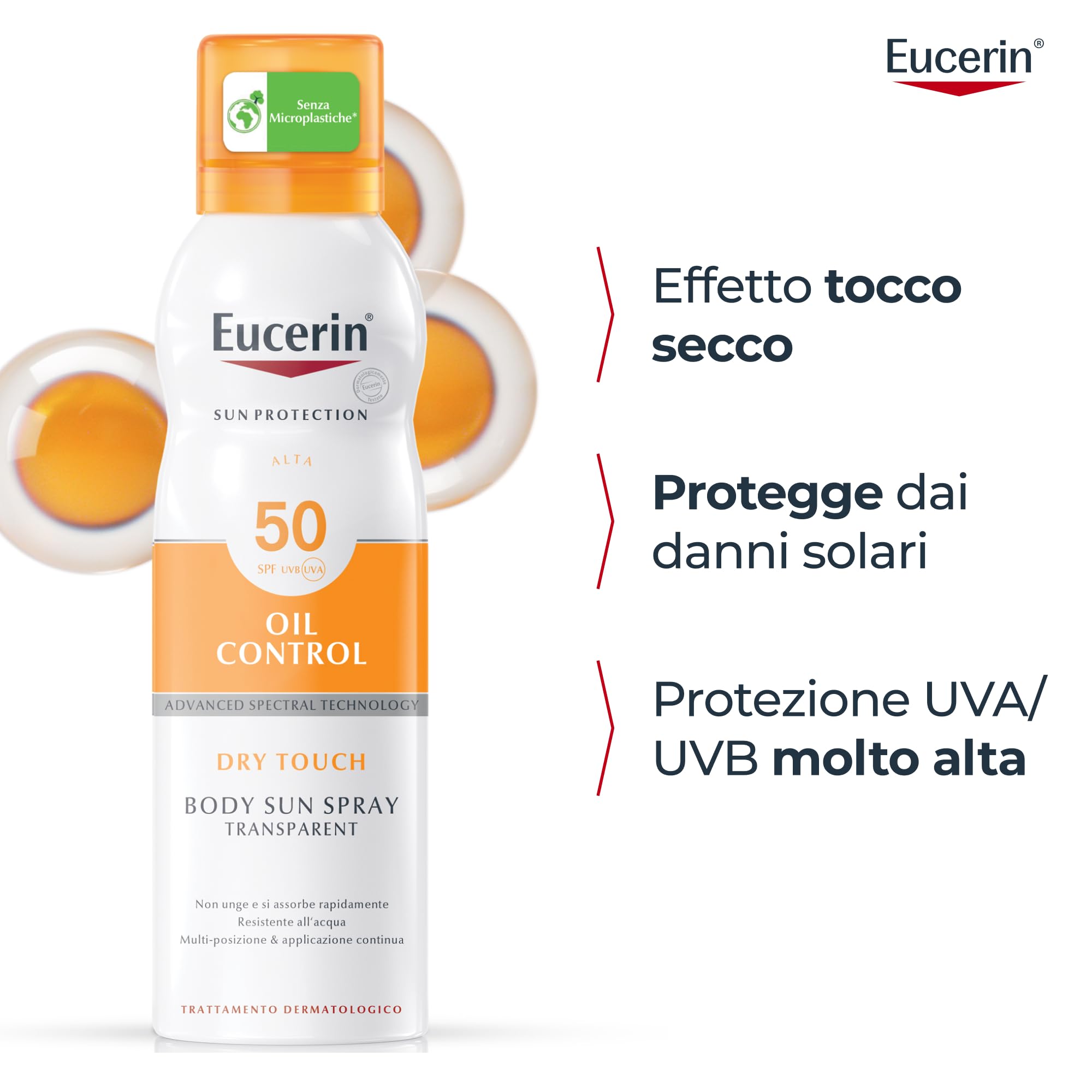 Eucerin Oil Control Body Sun Transparent Dry Touch SPF 50 200 ml, Crema solare 50 spray con filtri UVA/UVB, Protezione solare 50 spray trasparente per pelle sensibile e acneica