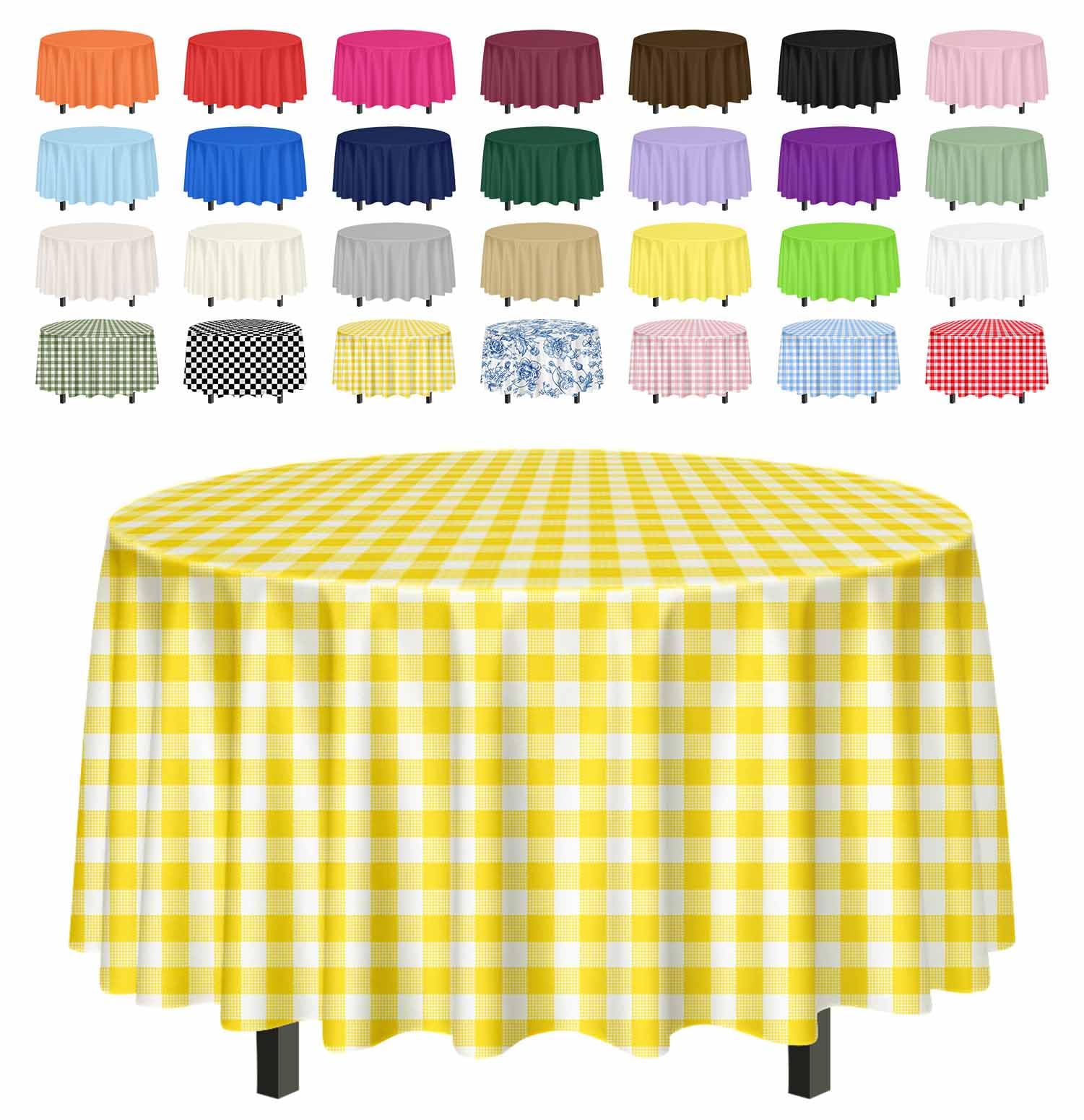 SietDESEO 2 Pack Yellow Gingham Tablecloth Round 84 x 84 Yellow and White Checkered Table Cloth Disposable Plaid Table Cover for Camping Picnic Wedding Party Supplies Circle Plastic Tablecloth — image 1