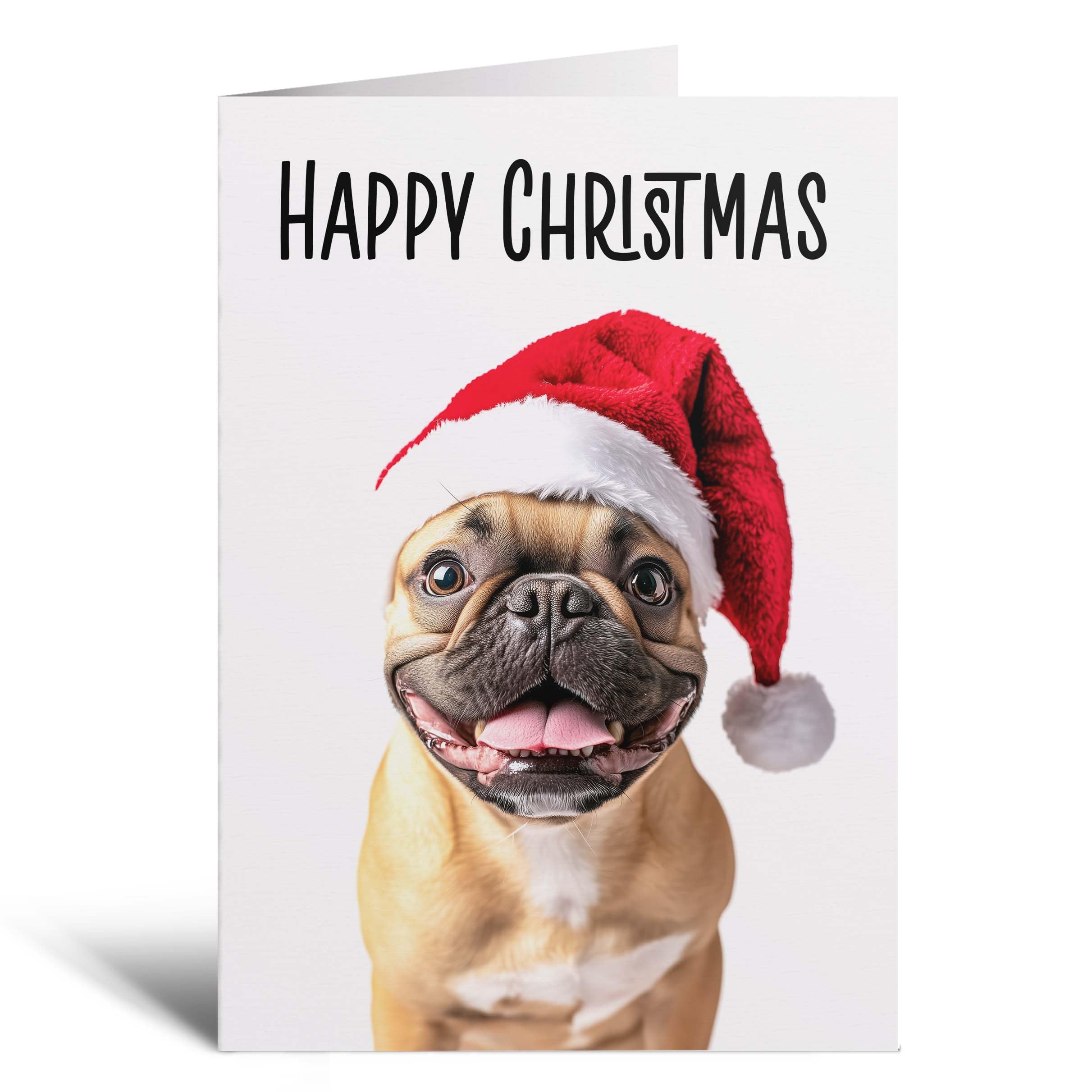 Postcard Prints - Fun Christmas Card of a French Bulldog Wearing A Santa Hat Whimsical Christmas Card For Animal Lover For Him or Her - 4 Cards