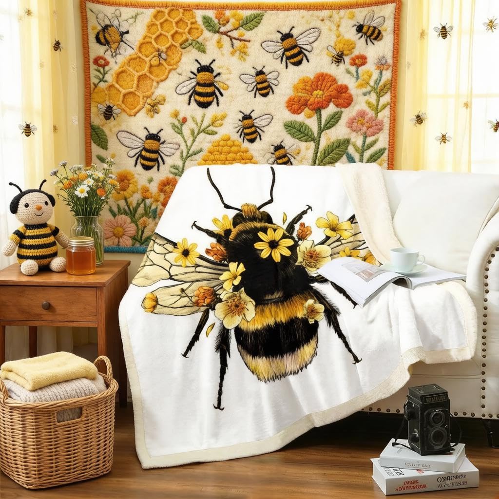 Loussiesd Boys Sx15971mtlyp Cute Bee Blanket For Kids Girls Social Insects Print Blankets And Throws Blossom Flowers Fleece Blankets 3D Bee Printed Sherpa Blanket,Plush Blankets Baby 30"X40"