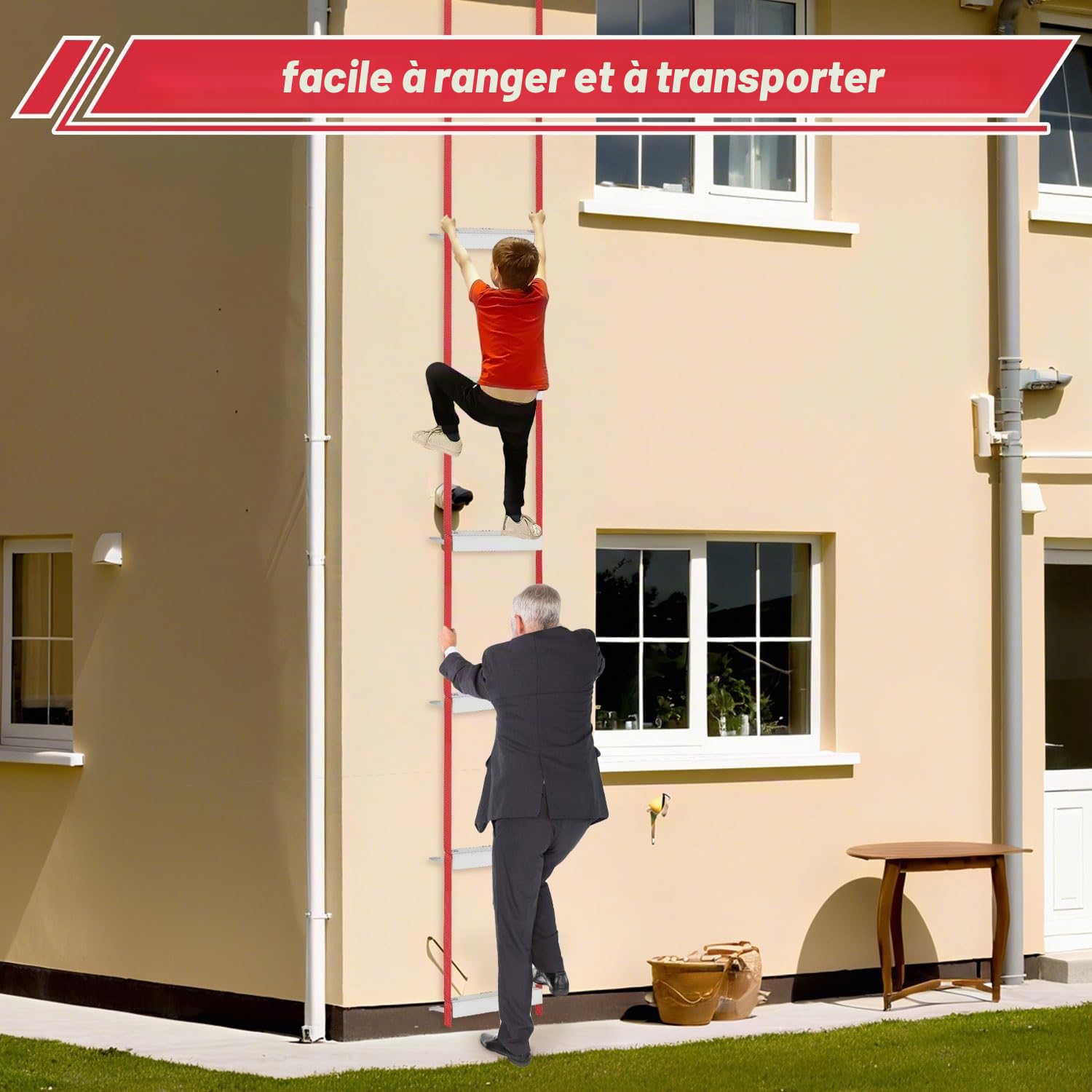Eulenke Échelle de feu pliable de 4,5 m avec déploiement rapide en 3 secondes et crochets réglables - Charge maximale : 450 kg - Certifié EN1147 - Pour la maison, l'école, le bureau - Échelons