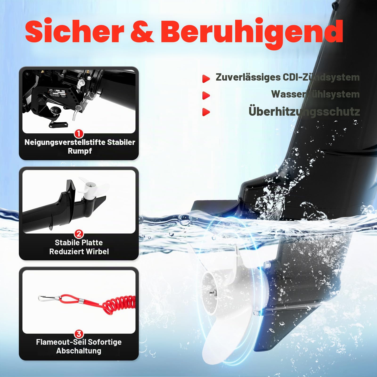 6 PS 2-Takt Außenborder, Benzinmotor mit Wasserkühlung und CDI-Zündung, geeignet für Schlauchboot Fischerboot Segelboot Yacht Angelboot Motorboot Freizeitboot Kajütboot