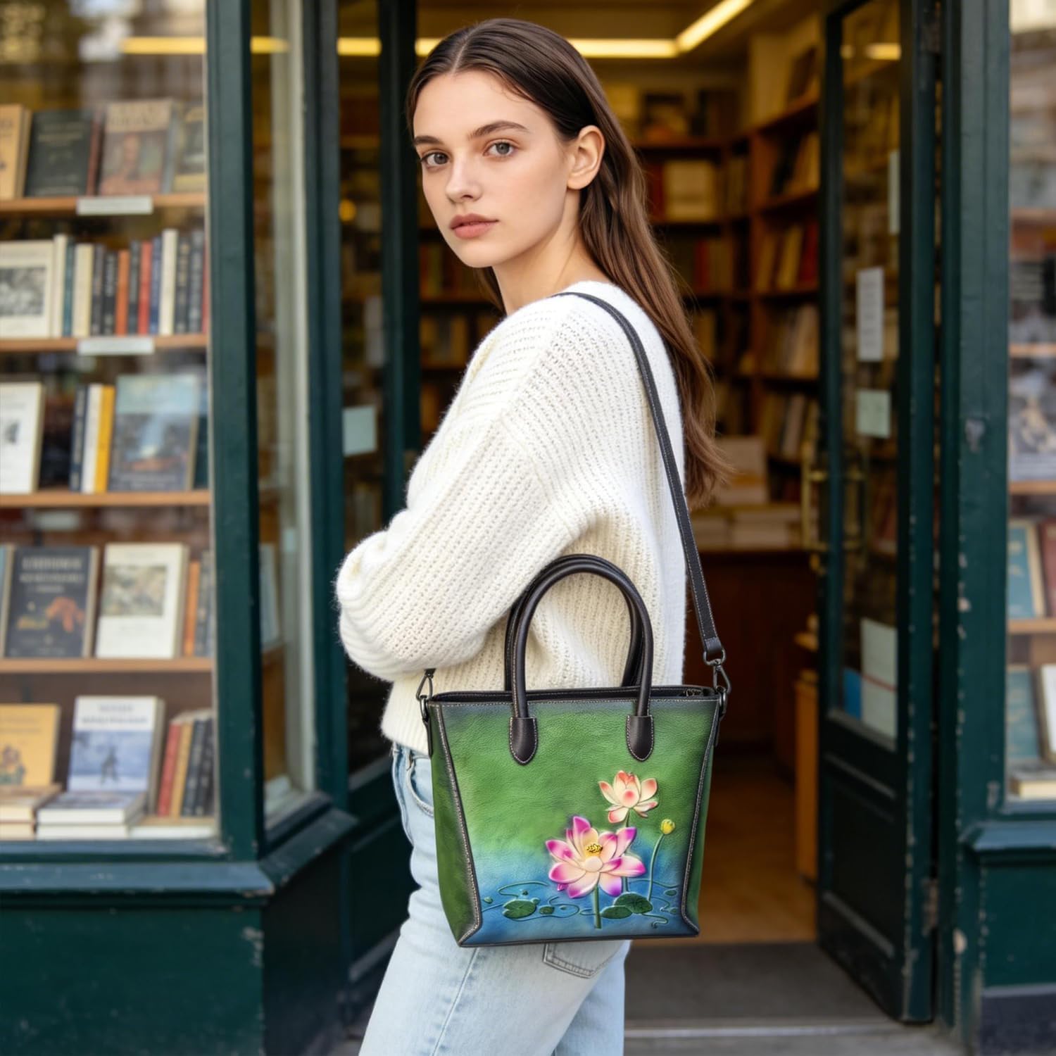 Vintage Genuine Leather Satchel Bag for Women – Hand-Embossed Lotus Floral Handbag with Detachable Crossbody Strap
