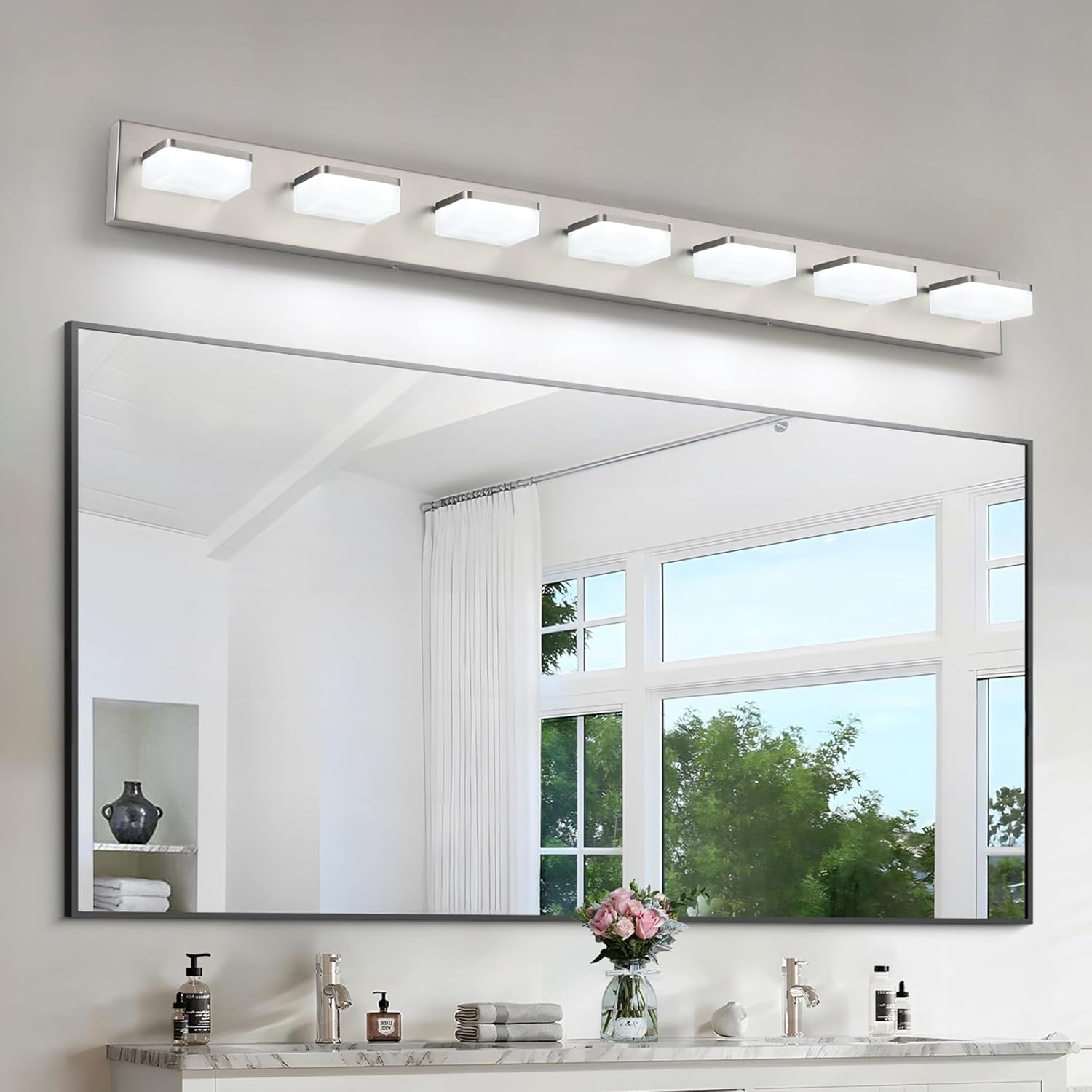 7-Light Bathroom Vanity Light Fixture Over Mirror, Nickel LED Vanity Lighting Fixtures, 45.67 inch Modern Bathroom Wall Light Fixtures with Rotating Lamp Head 7-Light,46Inch Nickel