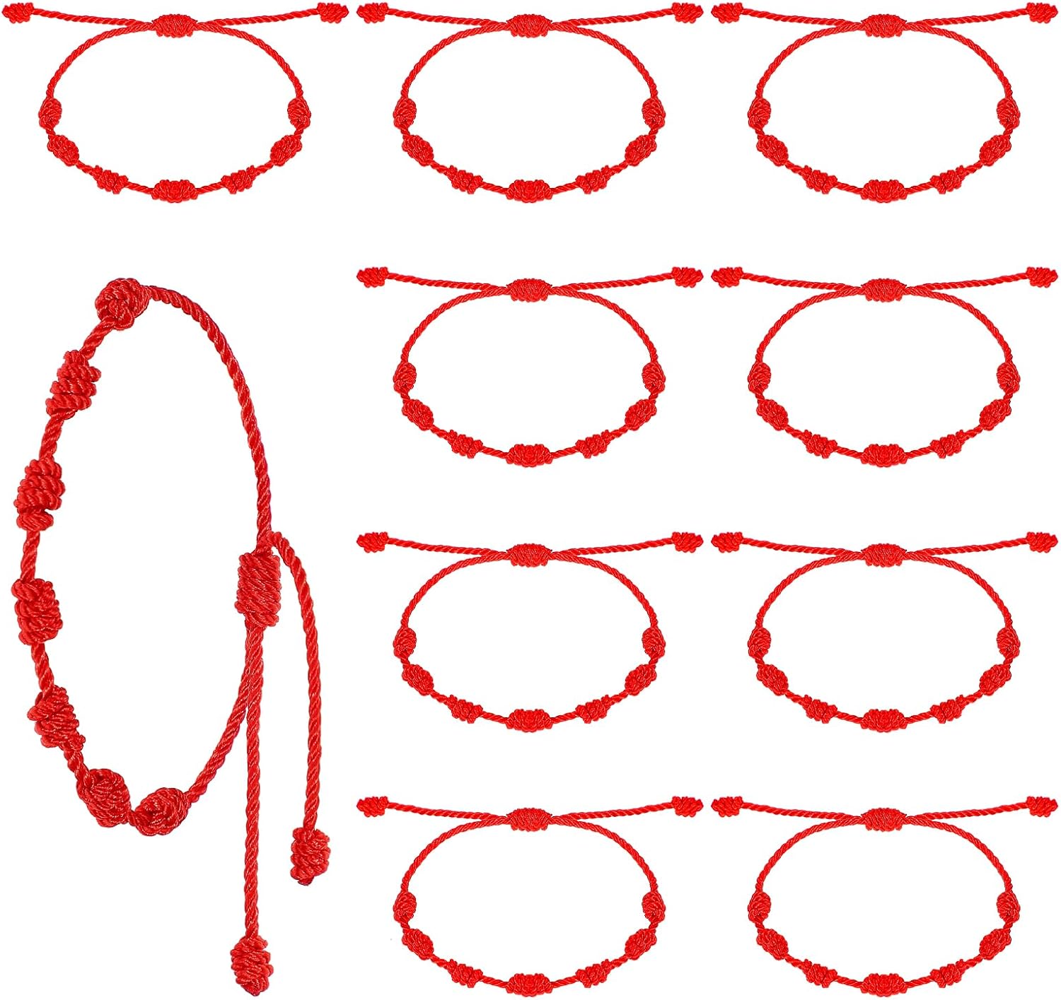 10 Pcs Red String Bracelet for Protection, Adjustable Red Cord Bracelet Set, 7 Knot Lucky Charm Amulet, 6.69in (17cm) Circumference Braided Knot Chain for Friendship Lovers