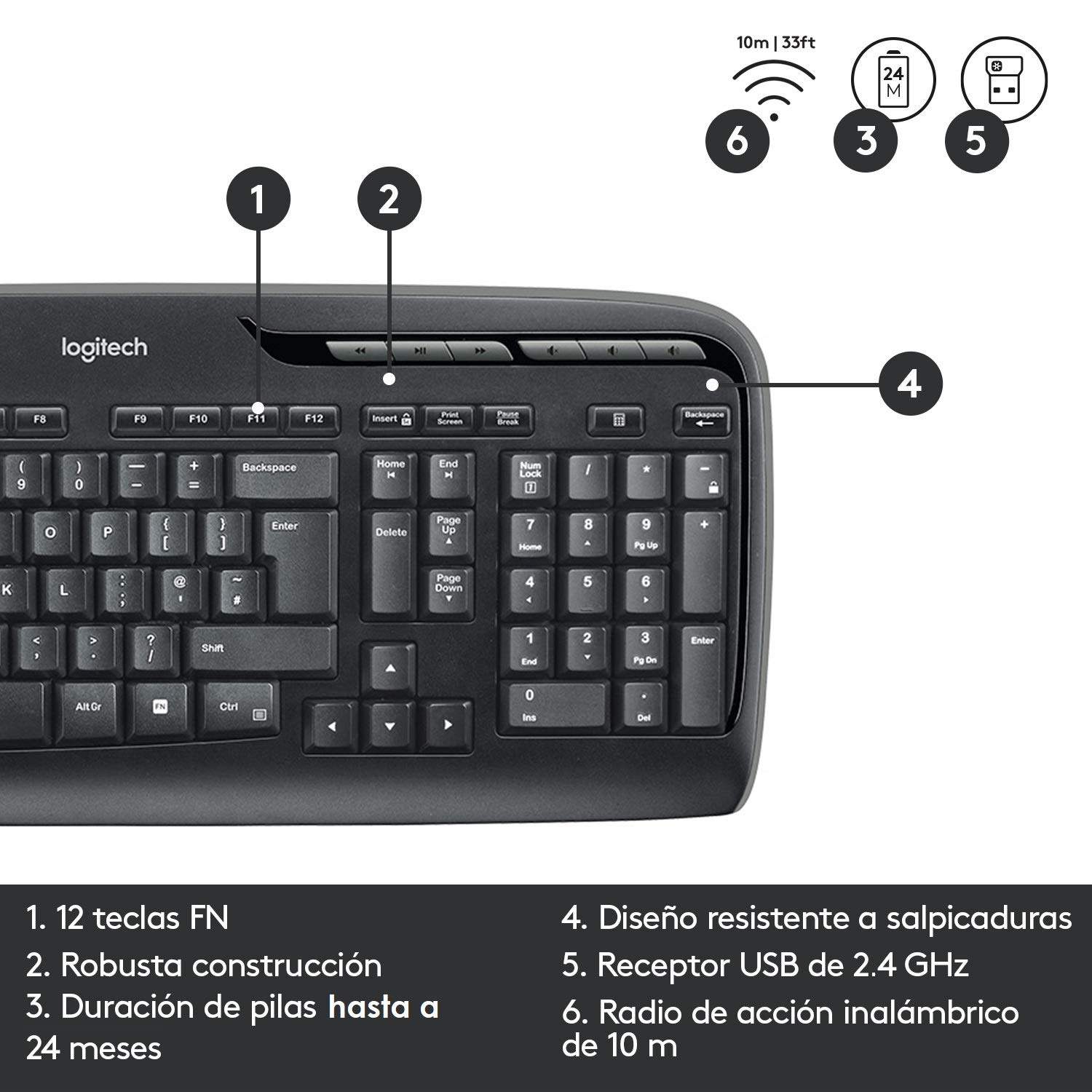 Logitech MK330 Combo Teclado y Ratón Inalámbrico para Windows, 2.4 GHz con Receptor USB, Ratón Inalámbrico Portátil, Teclas Multimedia, PC/Portátil, Disposición QWERTY Español, Negro