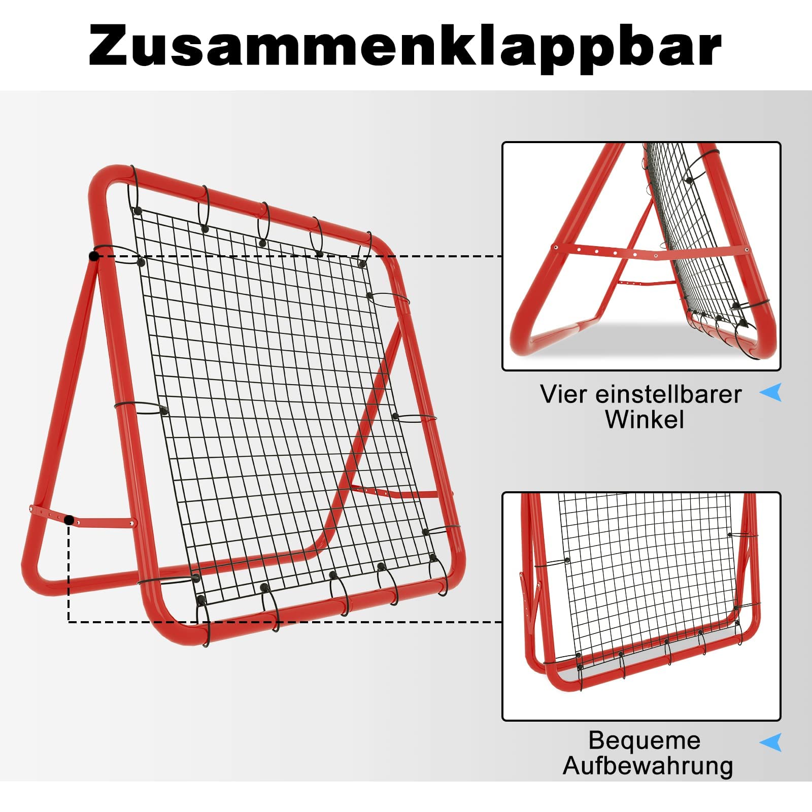 YUENFONG Siatka odbijająca piłkę nożną, 100 x 100 x 65 cm, składana ścianka odbicia, siatka PE z 5 regulowanymi stopniami, do piłki nożnej, różne ruchy piłki (czerwona i czarna)