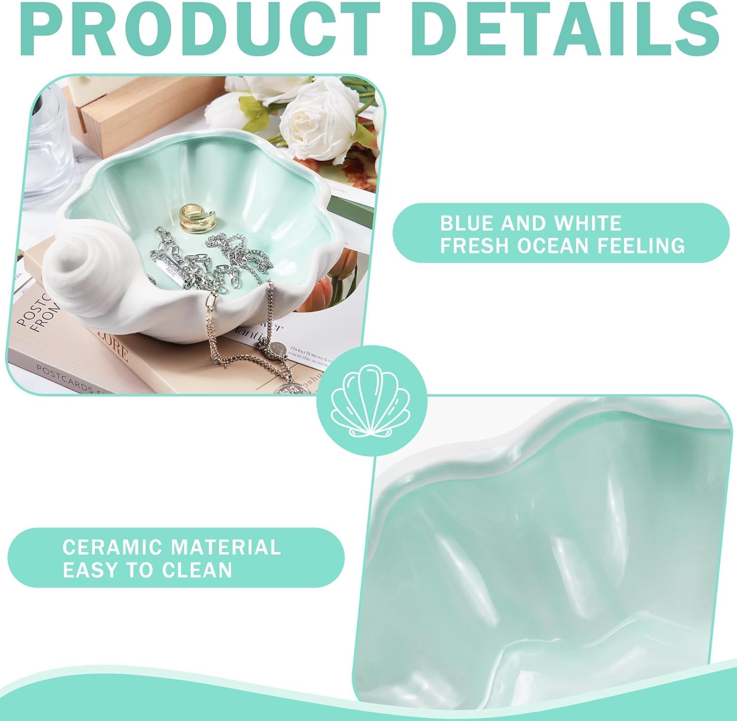 OSOPOLA Ceramic Shell Jewelry Tray - Ocean-themed Decorative Ring Holder Dish Key Tray Cute Jewelry Plate Trinket for Women Home Decor,Christmas Birthday Gifts HE02SL - Image 3