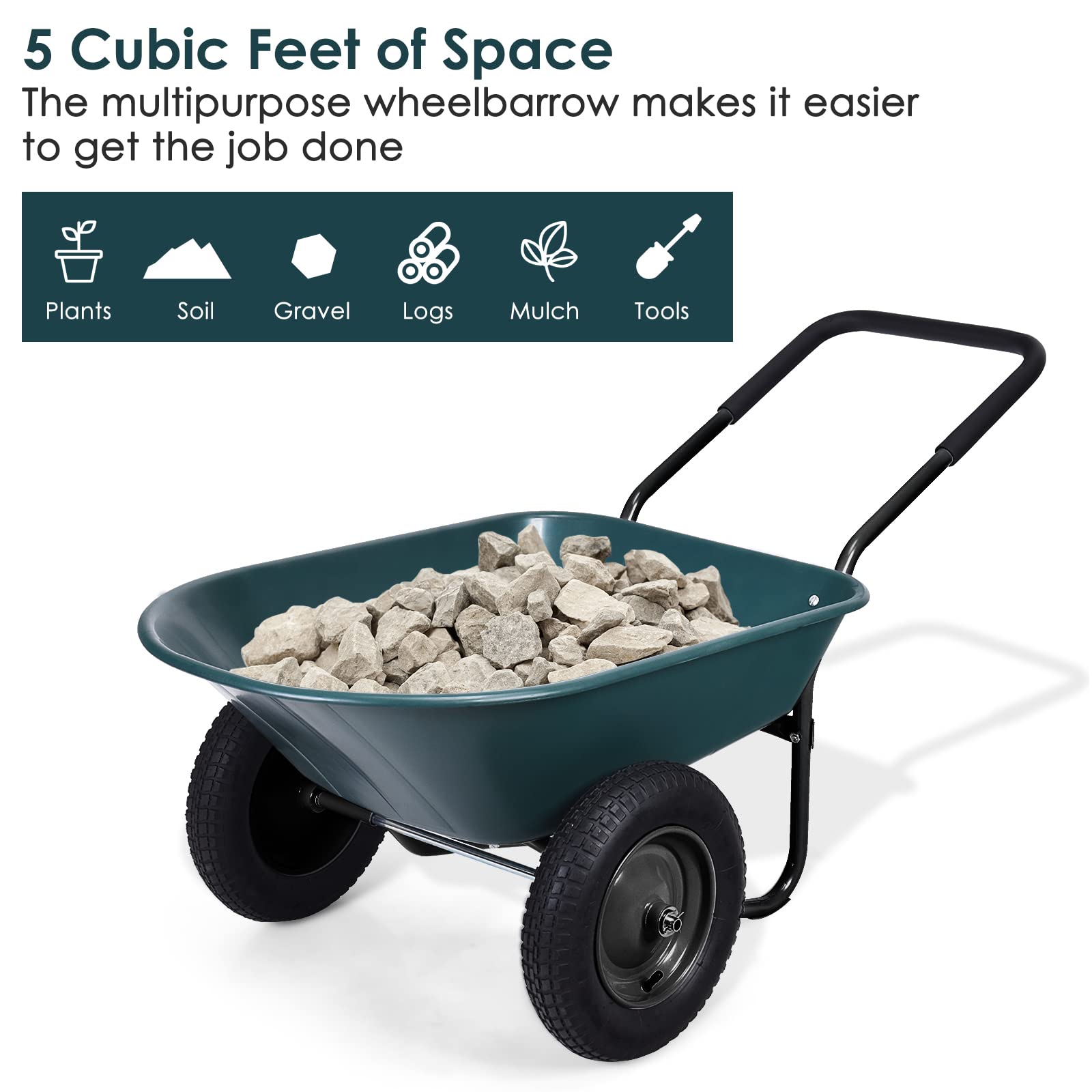 RELAX4LIFE Carrello da Giardino 75L, Carrello a Mano con Vasca in Plastica, Ruota in Gomma, Capacità di Carico 100 kg, Carriola (Verde, 1)