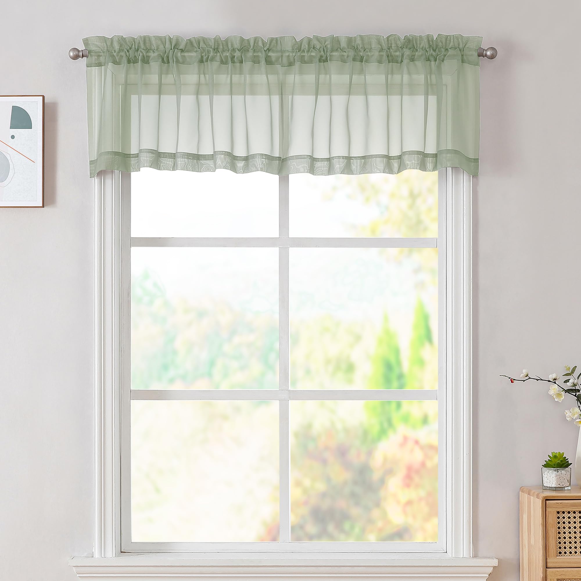 OVZME 2 Panels Sage Green Sheer Valance - Short Fresh Sheer Curtain Valances for Windows Basement Semi Sheer Valances for Kitchen Window, Dual Rod Pocket (Sage Green, 42 by 14 Inches Long)