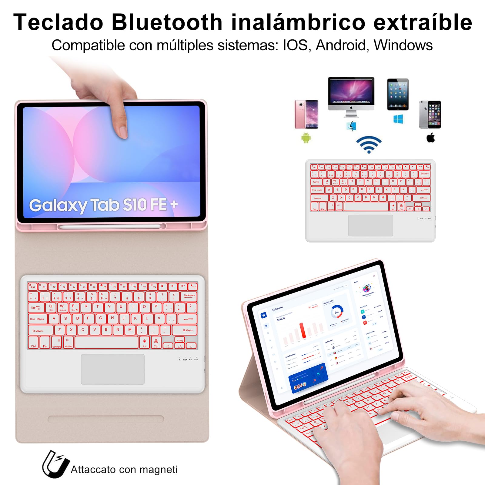 Funda Samsung Galaxy Tab S10 Fe Plus 13.1 Pulgadas con Teclado, Teclado Touchpad Retroiluminación en 7 Colores Español Ñ Inalambrico Desmontable con Trackpad para Samsung Tab S10 Fe Plus, Rosa