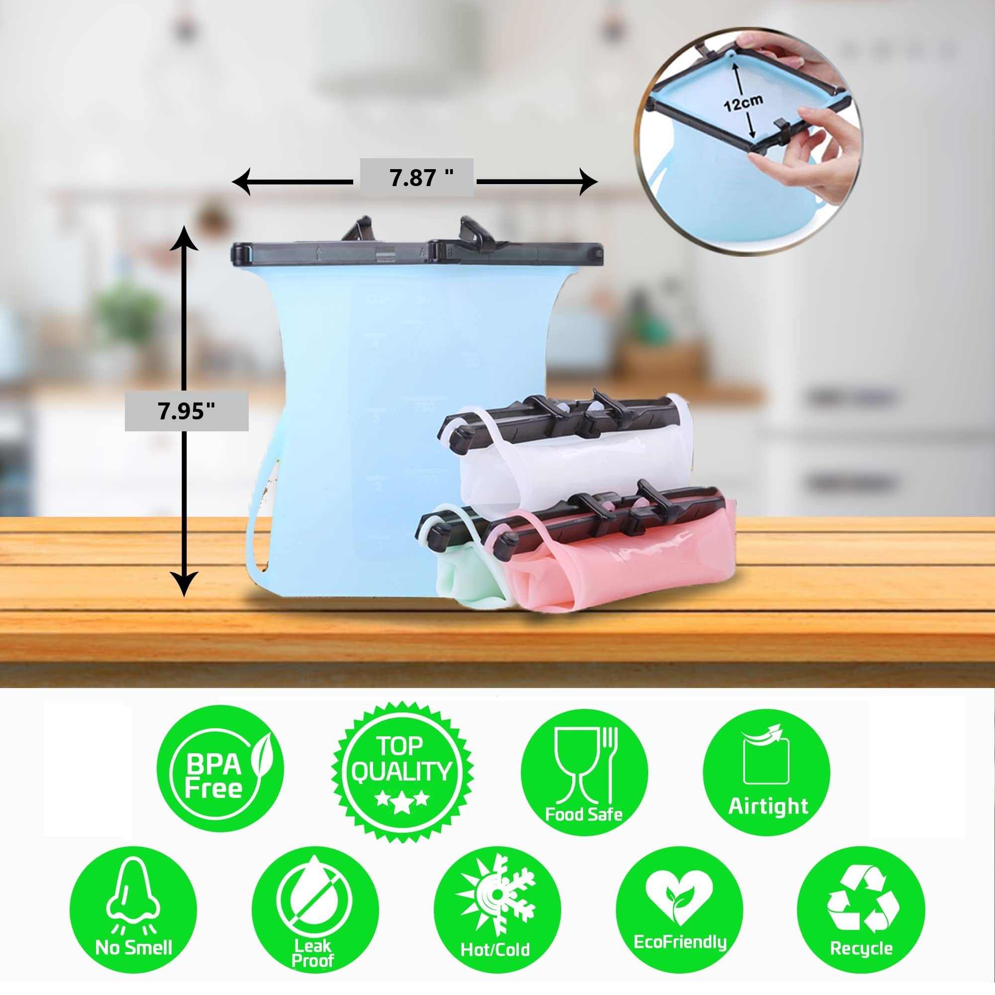 Bolsas reutilizables de silicona para almacenamiento de alimentos, juego de 3 (5 onzas) para microondas, congelador, apto para lavavajillas (color al azar)