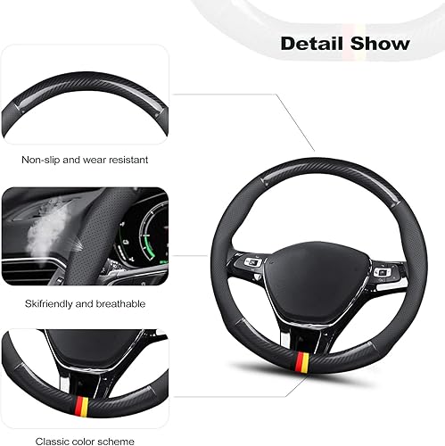 Miniatura 3 de Ergocar Funda para volante de auto Sport de fibra de carbono y cuero PU antideslizante - Protector universal para volante de auto de 38 cm (15")