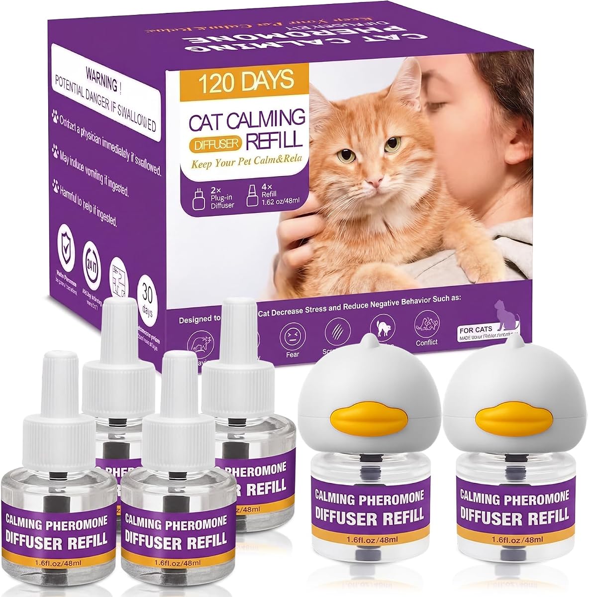 Cat Calming Pheromone Diffuser Kit, 2 Plug-Ins + 4 Refills (48ml Each), Helps Reduce Stress, Spraying & Scratching, Supports Harmony for Multi-Cat Homes, Drug-Free Comfort for Cats & Kittens