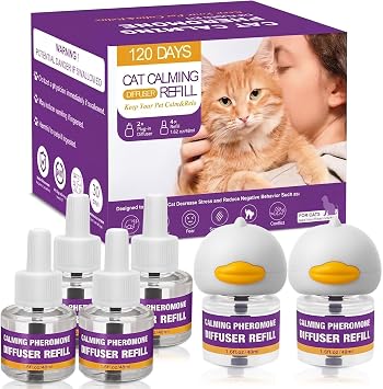 Cat Calming Pheromone Diffuser Kit, 2 Plug-Ins + 4 Refills 48ml Each,Long-Lasting Stress & Anxiety Relief, Reduces Fighting, Spraying & Scratching, Safe & Drug-Free Comfort for All Cats and Kittens