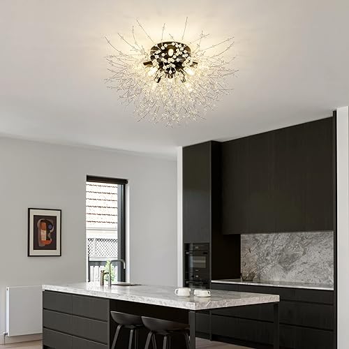 Miniatura 2 de Lámpara de techo de cristal empotrada, moderna lámpara de araña negra Sputnik de fuegos artificiales, 8 luces cerca del techo para dormitorio,