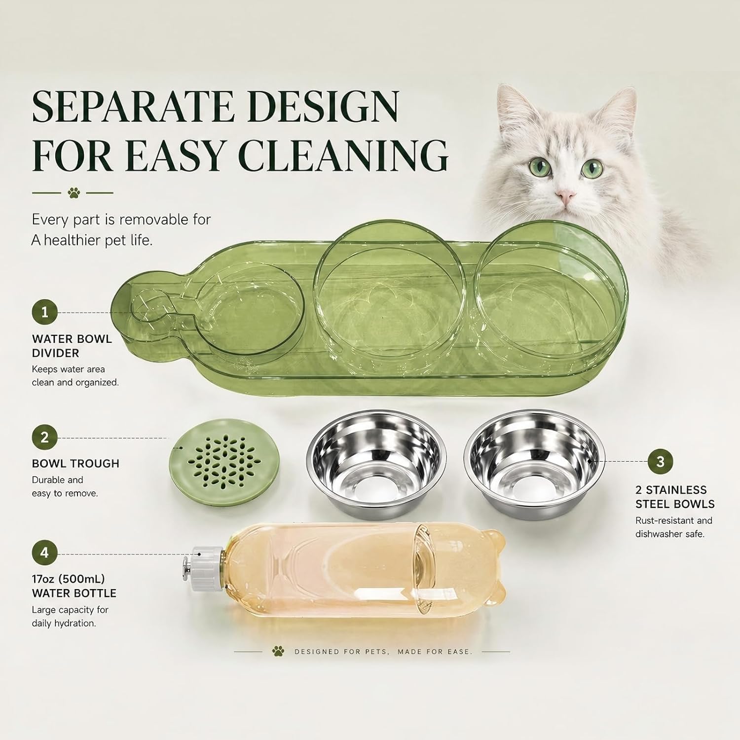 Marchul 3 in 1 Stainless Steel Cat Food and Water Bowl Set, Elevated Cat Bowls Water Dispenser, Tilted Raised 3 Pet Bowls for Indoor Cats, Small or Medium Sized Dogs（Green）
