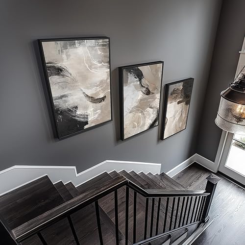 Miniatura 2 de Arte de pared abstracto neutro con marco grande para sala de estar, 3 piezas modernas impresiones en lienzo para paredes, imágenes de tono neutro