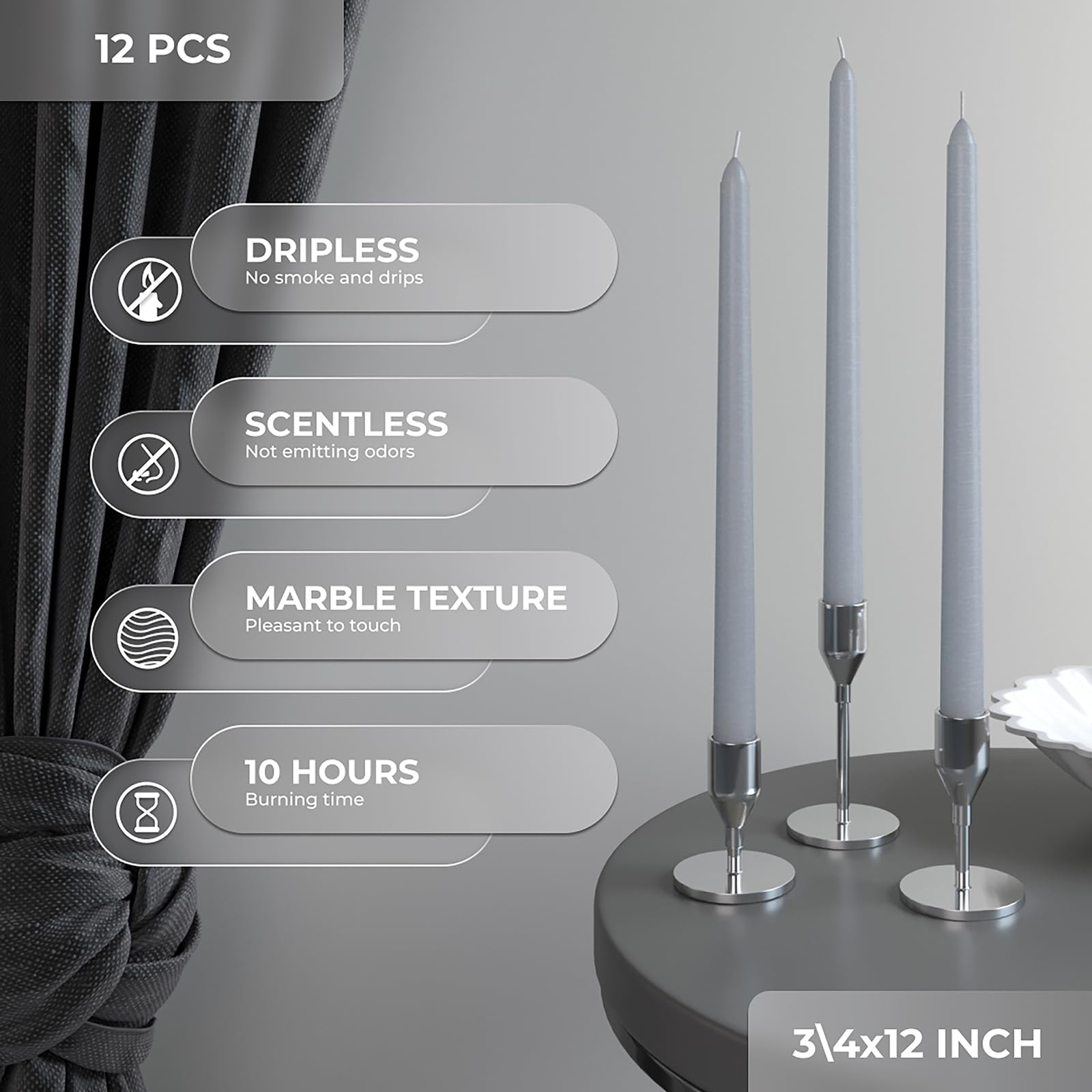 Candwax Set di 12 candele coniche da 30,5 cm, antigoccia e senza fumo, a combustione lenta sono perfetti come decorazione del Ringraziamento, grigio chiaro