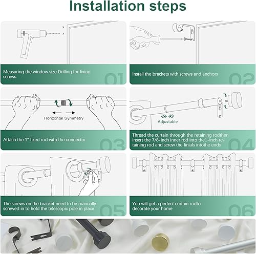 Miniatura 6 de Barras de cortina negras para ventanas de 66 a 120 pulgadas (5.5-10 pies), barras de cortina resistentes de 1 pulgada de diámetro, barra de cortina