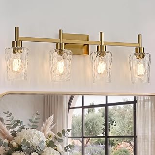 4 Light Bathroom Vanity Light Modern with Hammered Glass Shade
