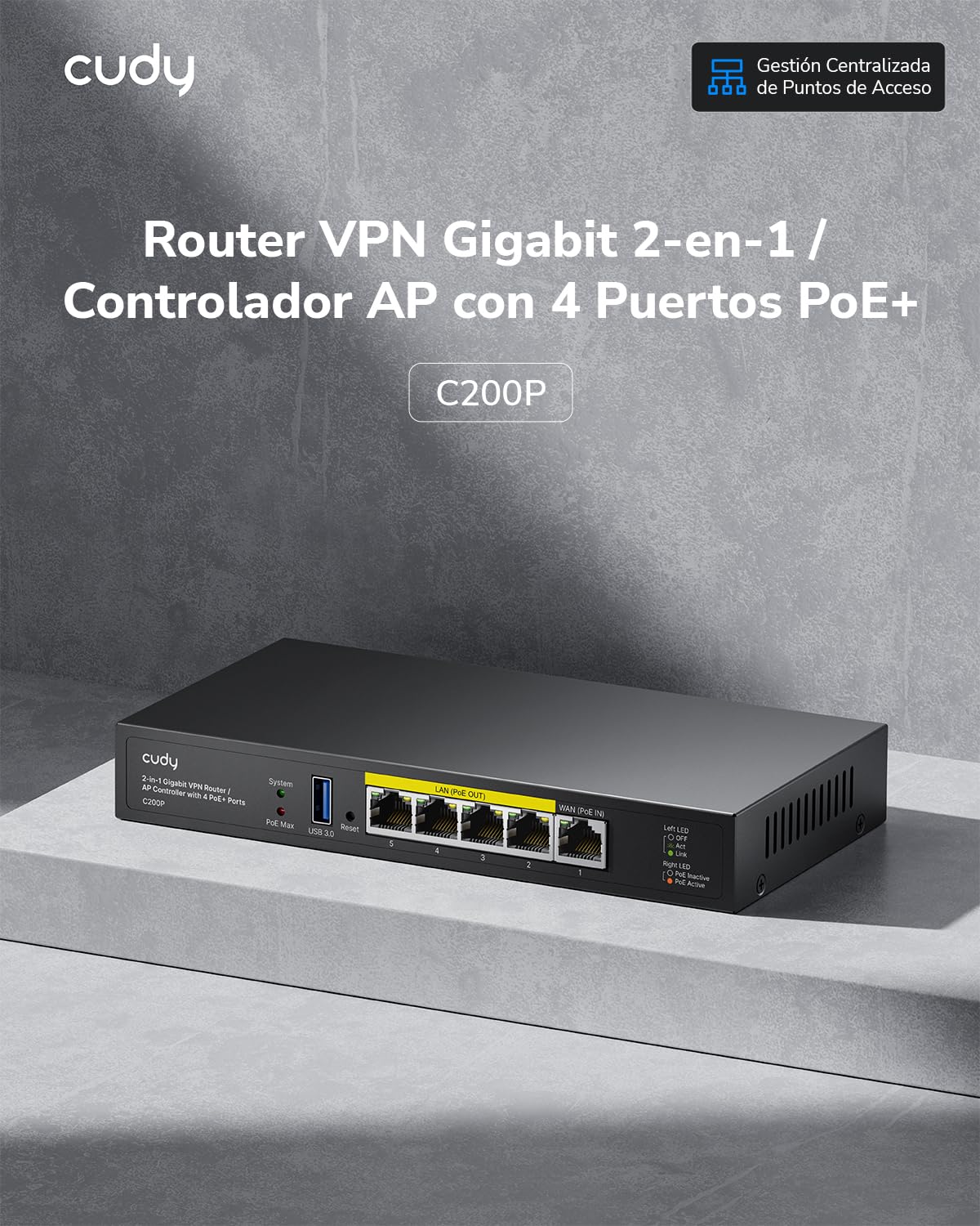 Cudy Controlador AP de hardware C200P y enrutador VPN, alimentado por PoE o CC, administra hasta 200 AP, portal cautivo, puerto USB 3.0, monitor de red fácil e inteligente y mantenimiento