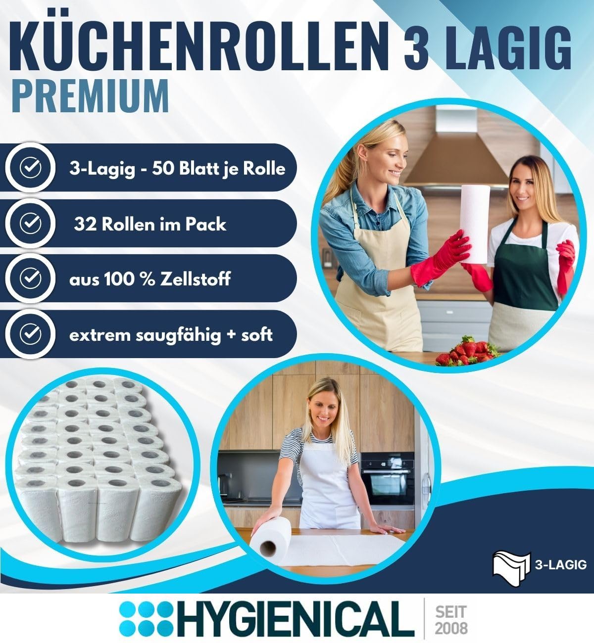 Küchenrollen 3-lagig, Küchenpapier hochweiß, Handtuchrolle aus 100% Zellstoff, Haushaltspapier, Küchenkrepp, 3-lagig, Menge:32 Rollen
