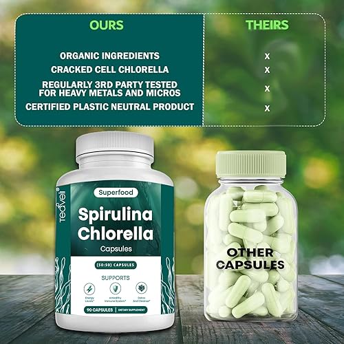 Miniatura 5 de Cápsulas orgánicas de espirulina y clorella, píldoras de clorofila y algas verdes azules para apoyar una potente desintoxicación, energía y un