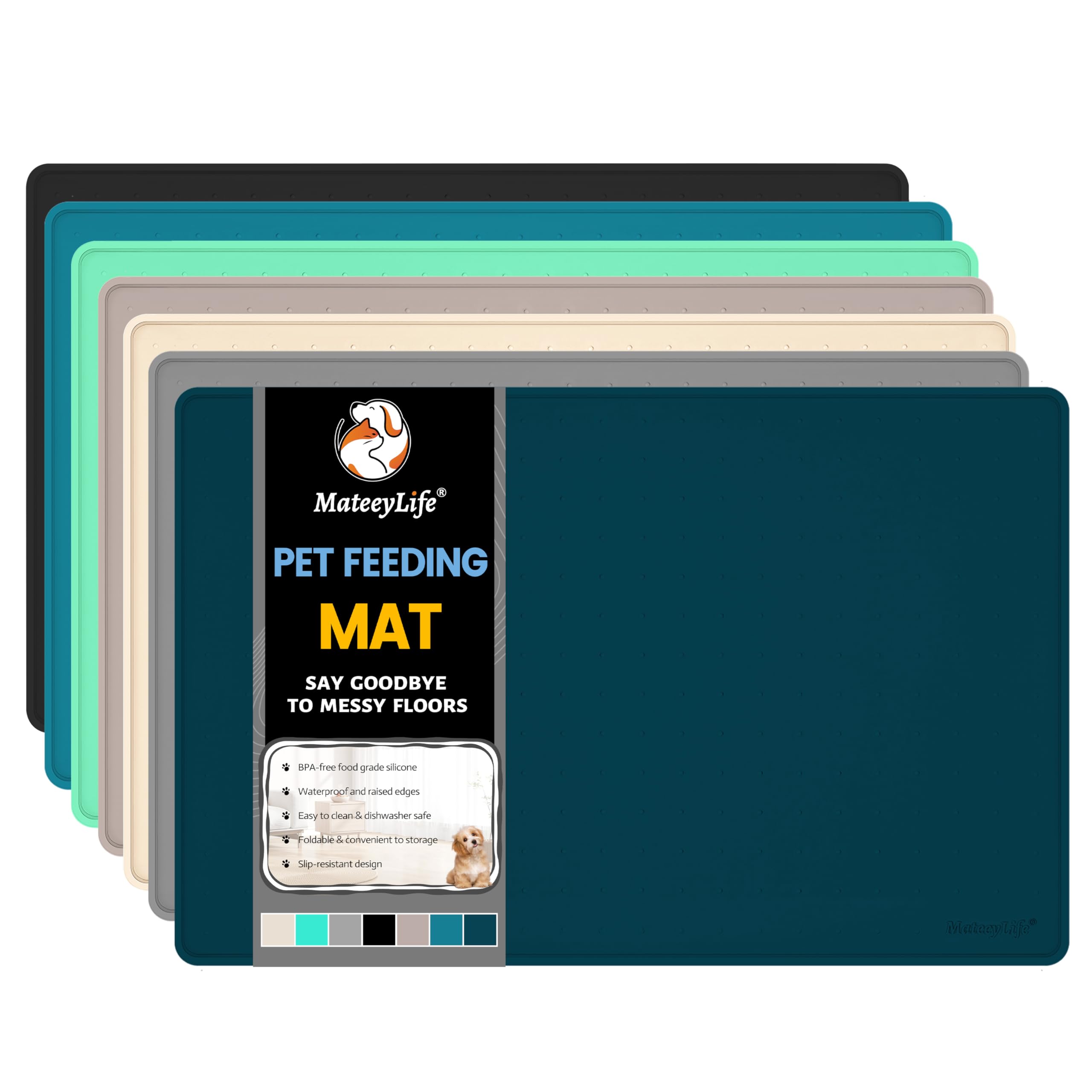 MateeyLife Dog & Cat Food Mat, Waterproof & Nonslip Silicone Feeding Mats for Dogs and Cats, Raised Edge Tray for Messy Drinkers, 24"x16", Navy