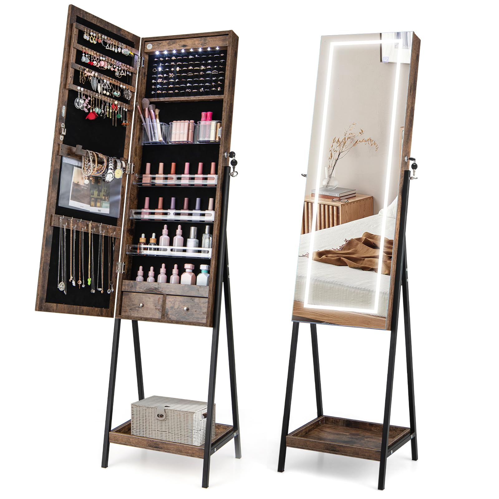 GOPLUS GOPLUS Espejo Joyero con Cerradura con Soporte de Metal, Espejo de Cuerpo Entero, Luz LED de 3 Colores, Luces Interiores, Estante Inferior, Cajones Pequeños para Joyería Cosméticos, 41 x 35 x 160 cm