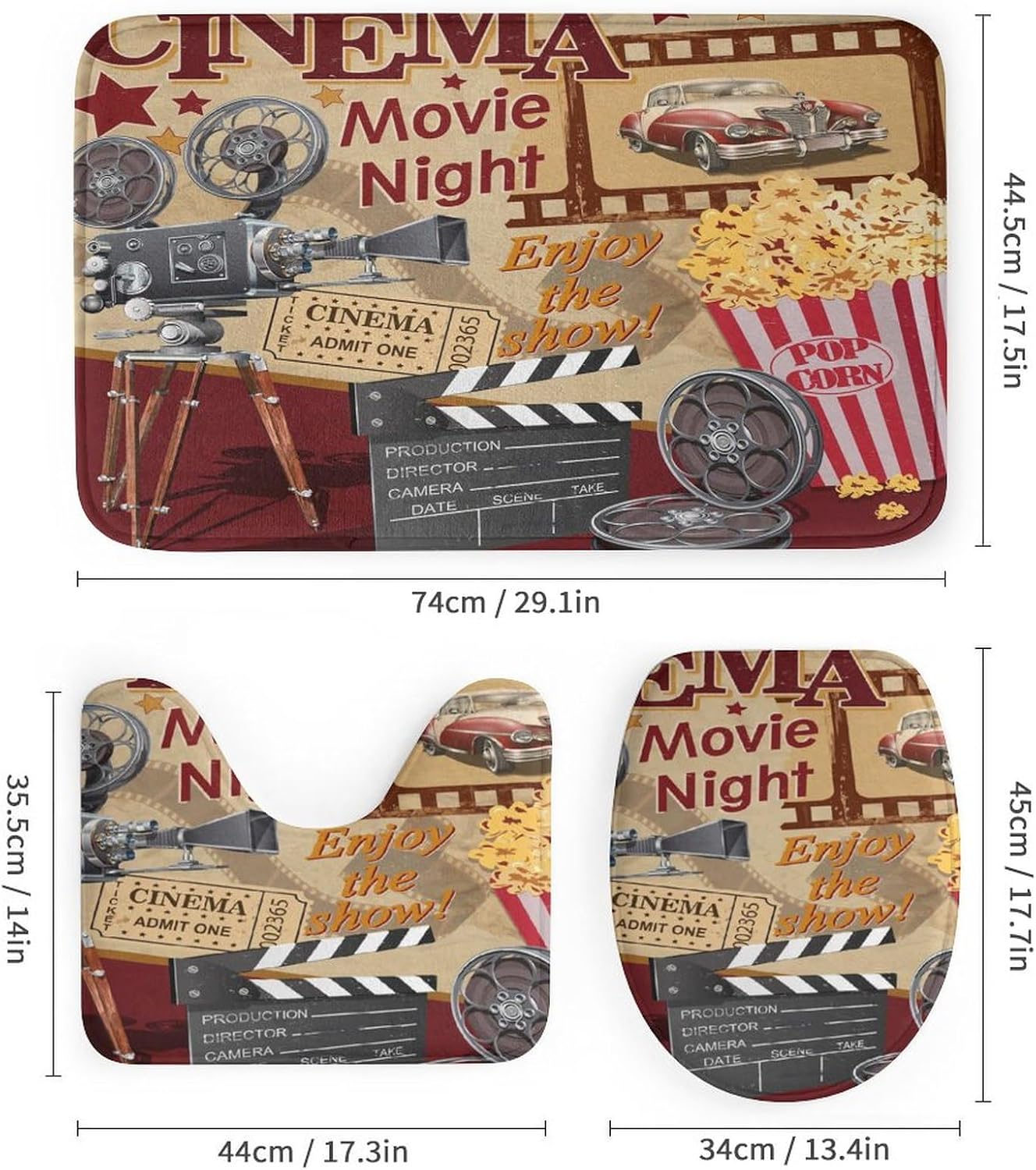 Rustic Movie Theater Shower Curtain Sets 4 Piece,Retro Movie Theme Popcorn of Cinema Film Print Bathroom Decor Sets with Rugs Include Waterproof Non-Slip Toilet Lid Cover Bath Mat