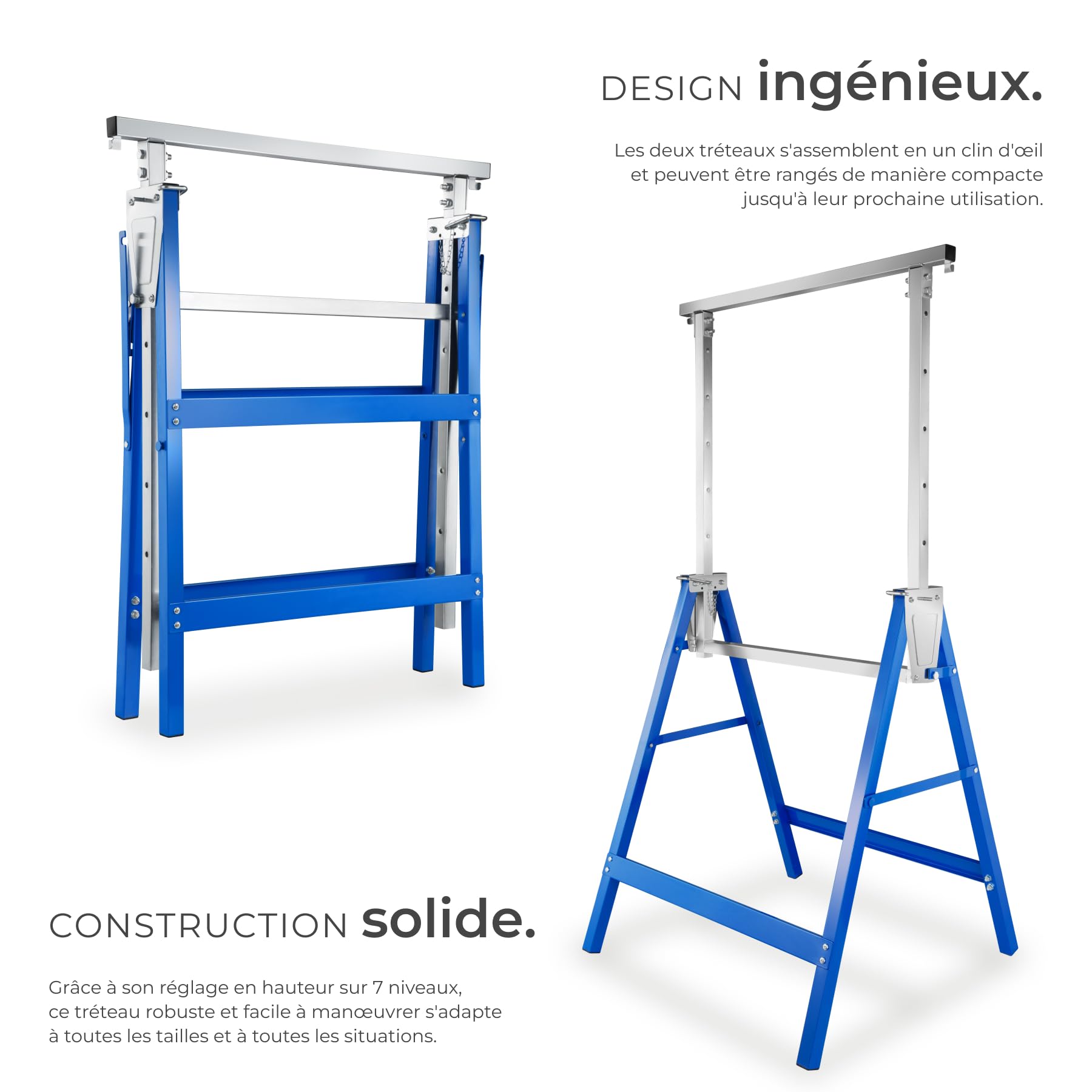 tectake® 2 Tréteaux télescopiques pliables, Treteaux 68,5 x 56,5 x 79,5 cm, Treteaux reglables en acier, 7 réglages en hauteur, Charge max. 220 kg par Tréteau, Etabli pliant, Chevalet de sciage, Bleu