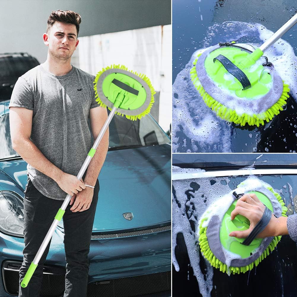2 in 1 Microfiber Car Wash Mop Mitt with Long Handle, Car Wash Brush Duster Extension Pole 45 in, Scratch Free Cleaning Tool Dust Collector Supplies for Washing Car,Truck, RV. 2Pcs Mop Head