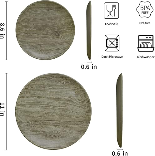 Miniatura 7 de TP Platos de cena de melamina de 8.5", juego de 6 platos, platos de servir irrompibles para interior y exterior, servicio para 6, grano de madera
